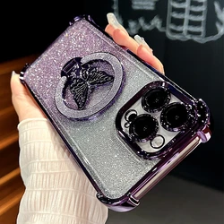 Glitter Butterfly Holder Plating Silicone Shockproof Case Cover - iPhone 15 (FS SFHD Purple)