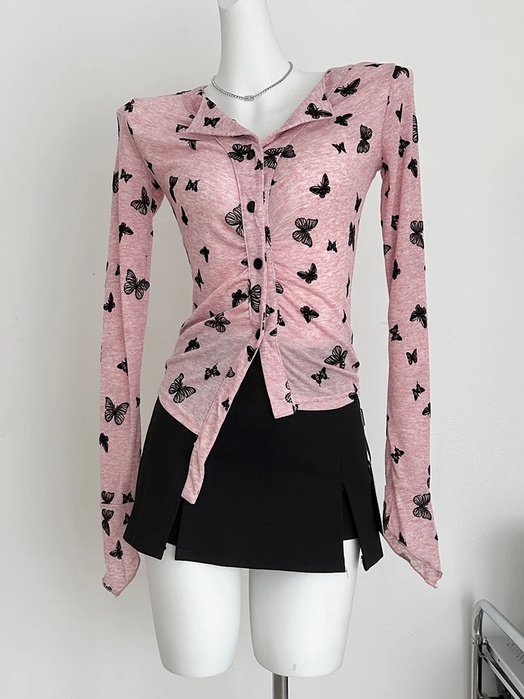 QOERLIN Thin Pink Shirts Slim-Fit Flare Sleeve Button Up Blouse Black White Embroidered Butterfly Vintage Sexy See Through Shirt