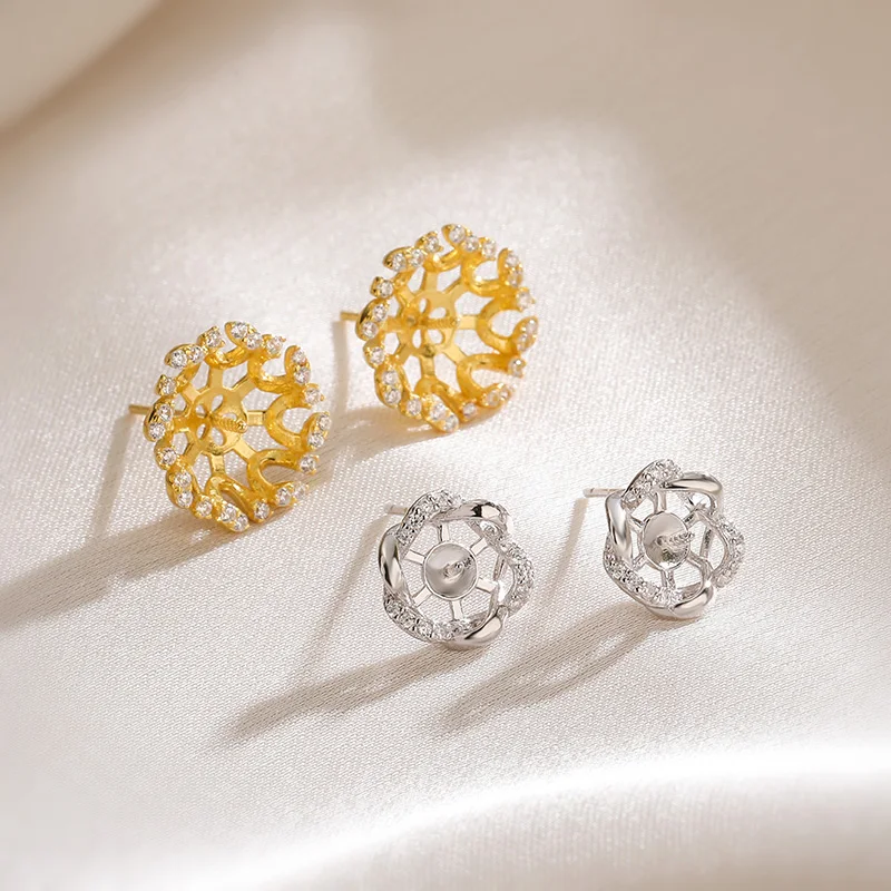 S925 Sterling Silver hollow flower earrings base for petal,AAAAA zircon earrrings hyposensitivity SE12