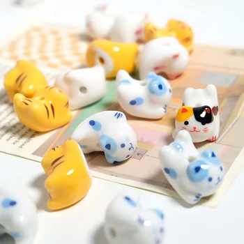 행운의 고양이 동물 애니메이션 세라믹 비즈, 주얼리 제작용, DIY 팔찌 귀걸이 목걸이, 도자기 구슬, 수직 구멍, 15x21mm