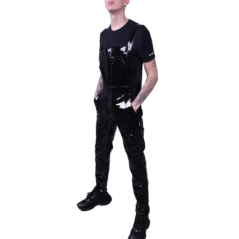 Wetlook Mens Jumpsuit Pockets Strap Suspender Pants Glossy PVC Leather Bib Pants Solid Color Streetwear Gothic Overalls Rompers 6