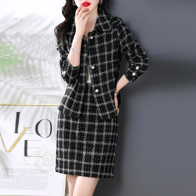 

Retro Women Office Lady Two piece set 2023 Autum Winter Korean Plaid Fashion New Turn-down Collar Coats Jacket + Mini Skirt Suit