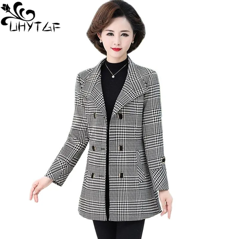 

Женский двубортный Тренч в клетку UHYTGF, Повседневная Верхняя одежда средней длины, свободная ветровка размера 5XL на весну и осень, 1721
