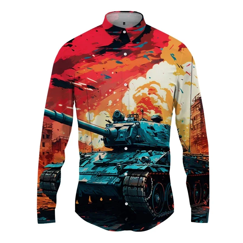 thumbnail image 1 of Camisa con estampado 3D de tanque para hombre y mujer, camisa informal de manga larga a la moda, ropa de calle con botones, ropa unisex de gran tamaño, 1 of 5