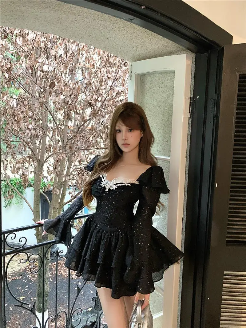 Y2K Black Short Dresses for Women Diamonds Square Collar Flare Sleeve High Waist A-line Birtheday Party Dress Prom Mini Vestidos