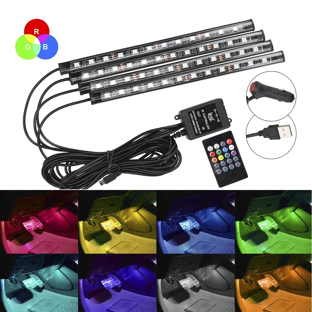 LED 자동차 인테리어 앰비언트 풋 라이트, 무선 원격 앱 음성 제어, RGB 자동 스마트 12V, 48 분위기 장식 램프