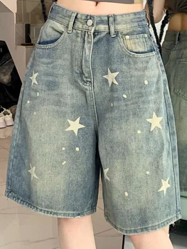 Femmes taille haute américain rétro lavé jambe large jean filles rue faire vieille étoile pantalon en Denim ample femme bleu genou longueur Shorts 1