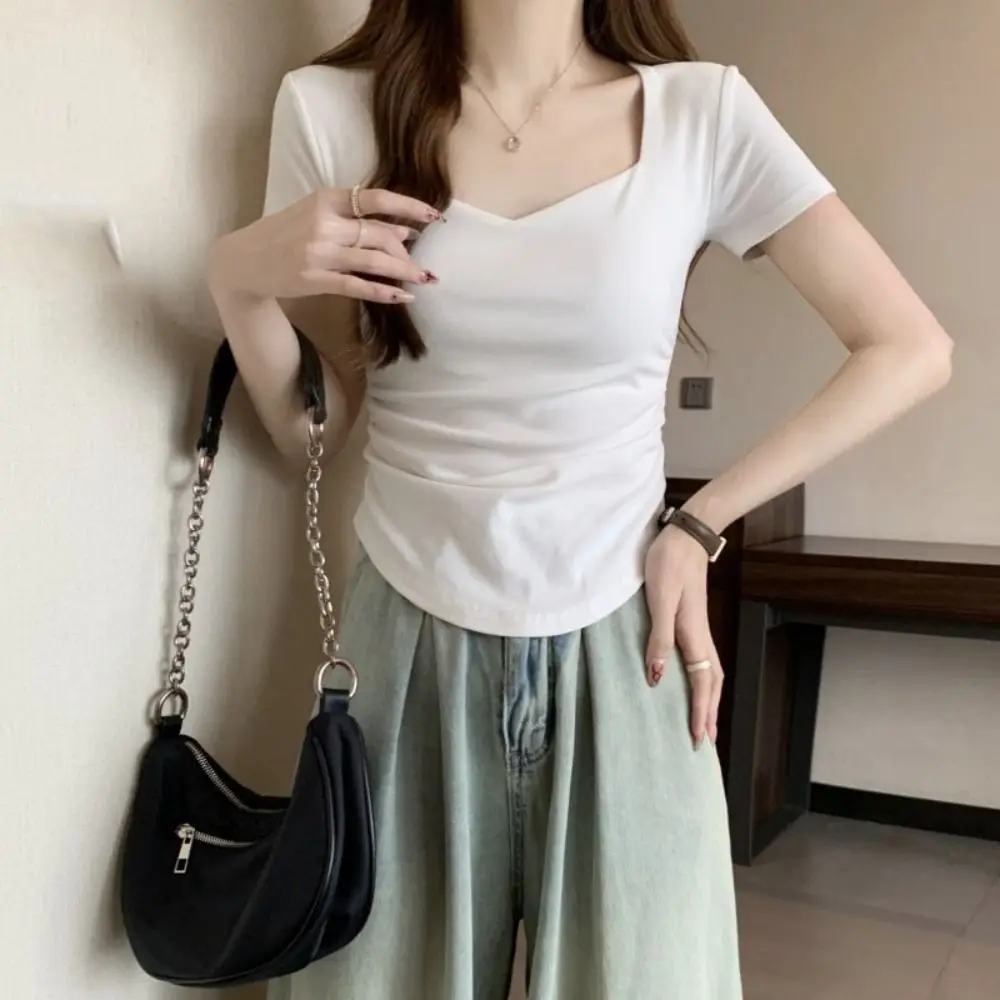 Sweet Slim Fit Y2K Crop Tops Pleated Short Sleeves Korean T-shirt Summer Women Clothing Solid Short T-shirt Ladies