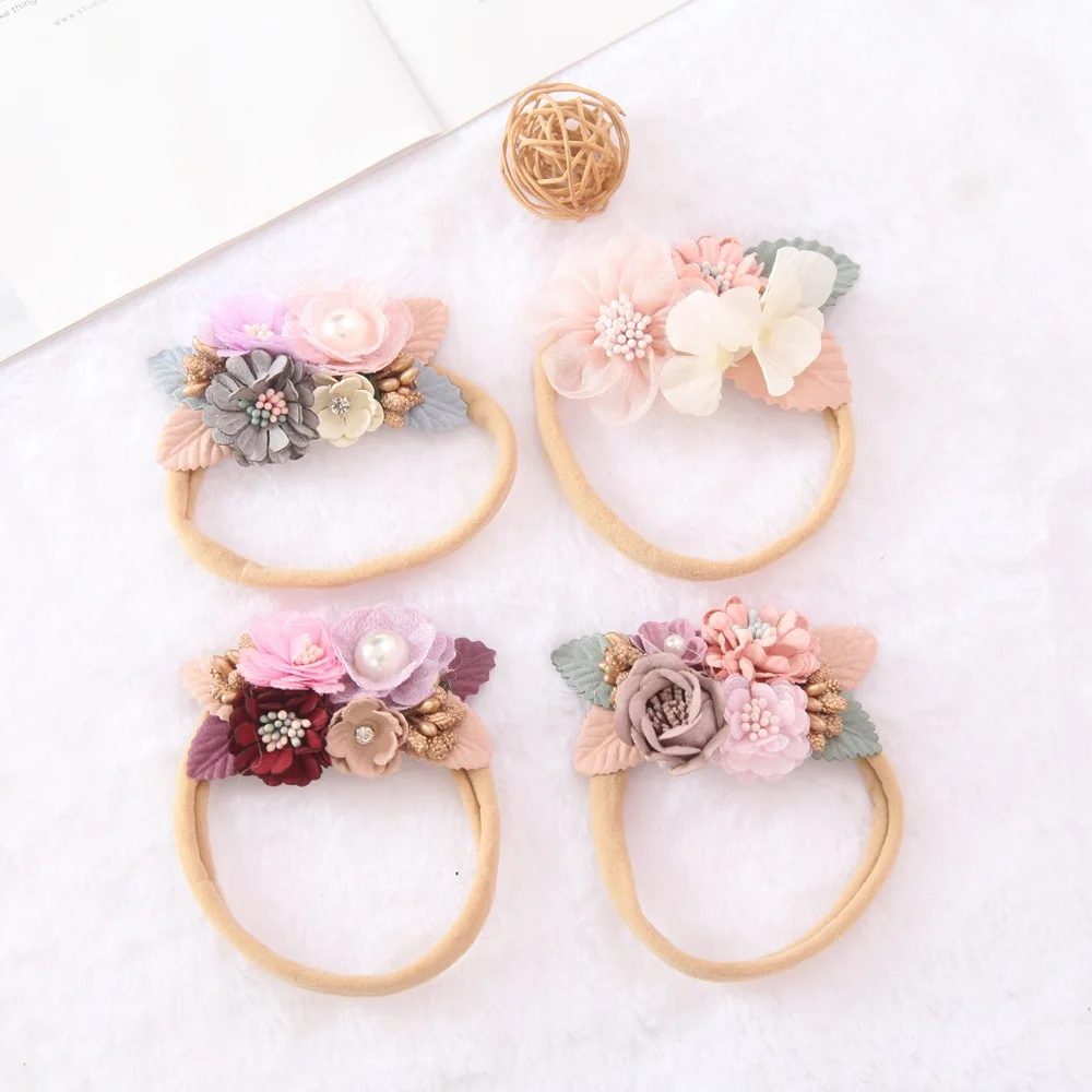 2022 Artificial Flower Baby Headband Newborn Boy Girl Pearl Elastic