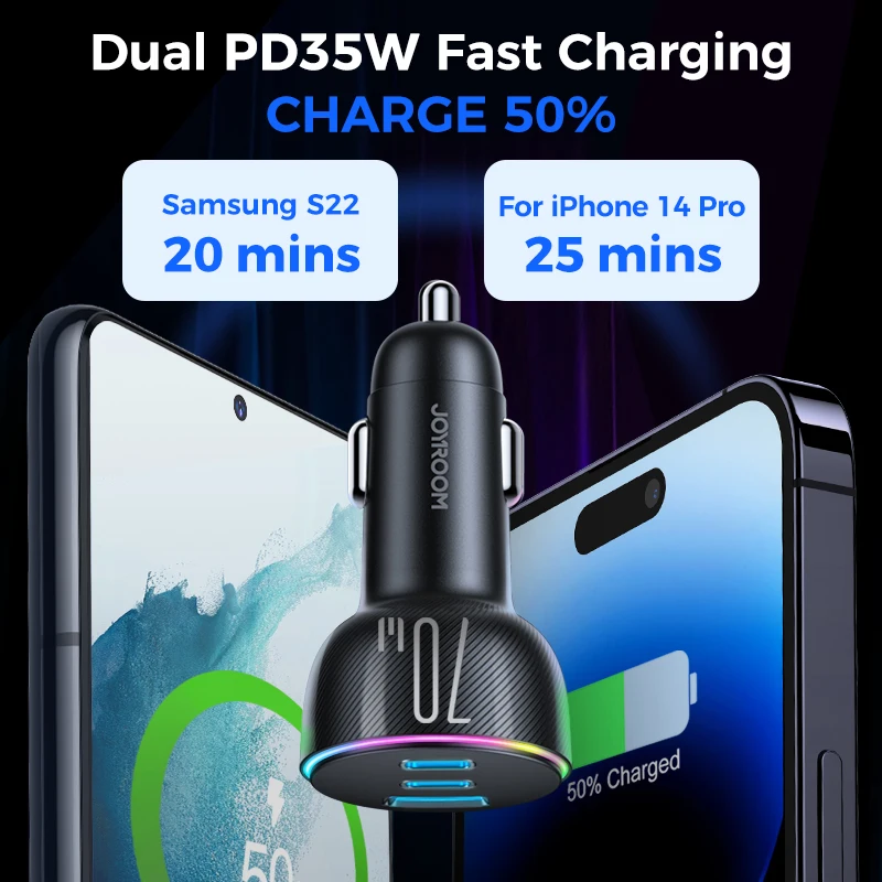Joyroom 70W USB C Car Charger Adapter Dual PD35W & QC3.0 Super Fast Charging For iPhone 14 Pro Max/14 Plus/13 Pro Max/iPad Pro