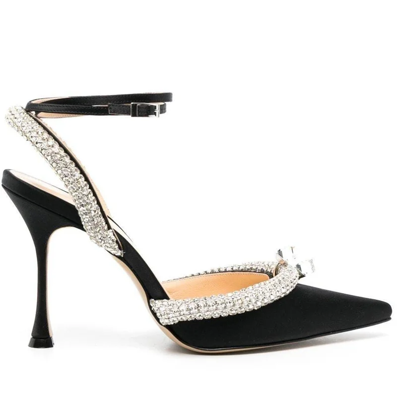 

Diamond Women's Shoes Pointed Toe Crystal High Heels Black Ankle Strap Female Sandals Rhinestones Zapatos De Mujer Sandalias