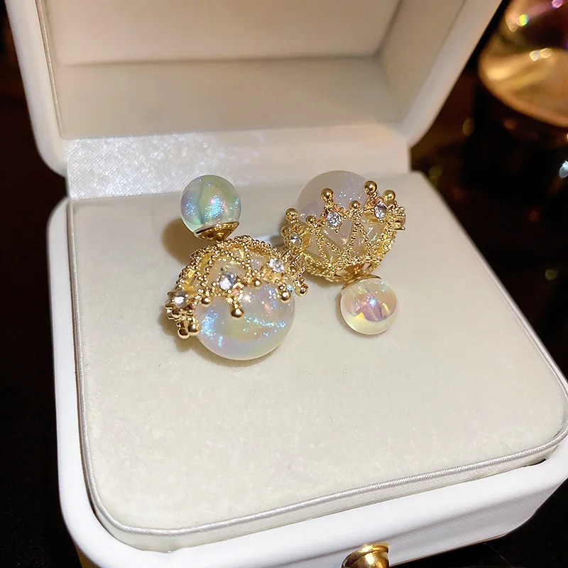 Pendientes brillantes de doble cara para mujer, aretes de sirena y perlas de princesa, joyería exquisita a la moda, regalo