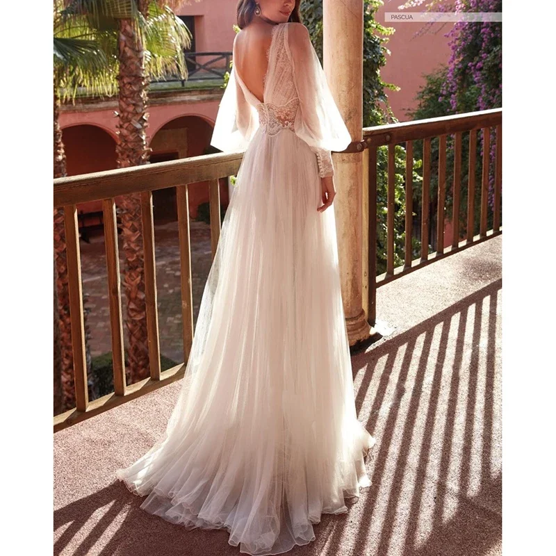

Vintage Chic New Long Sleeve Tunic Long Dress Elegant 2023 Summer Women Sexy Transparent Mesh White Lace Maxi Party Night Dress