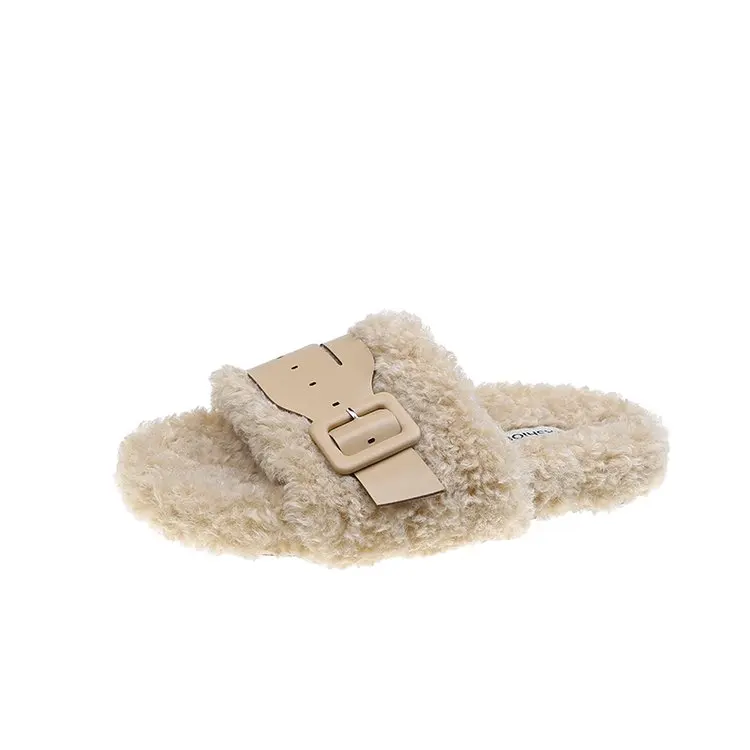 

Женские теплые шлепанцы на плоской подошве, обувь с металлической пряжкой и ремешком из овечьей шерсти, новинка 2022, удобная универсальная женская обувь, сандалии, нижняя одежда