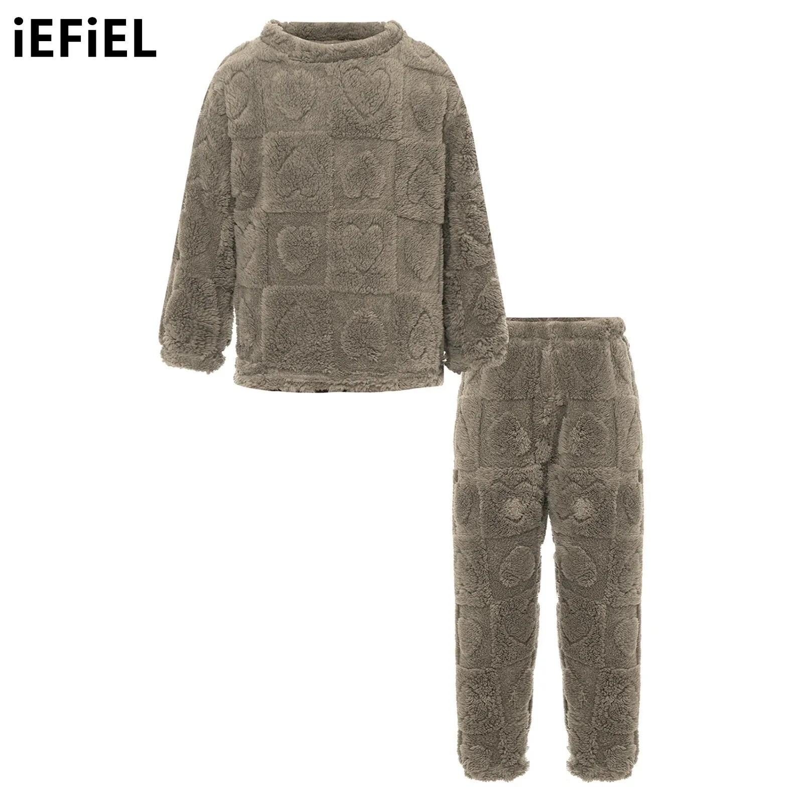

Kids Boys Girls Flannel Sleepwear Set Heart Pattern Homewear Solid Color Pajamas Long Sleeve Round Neck Tops With Pants