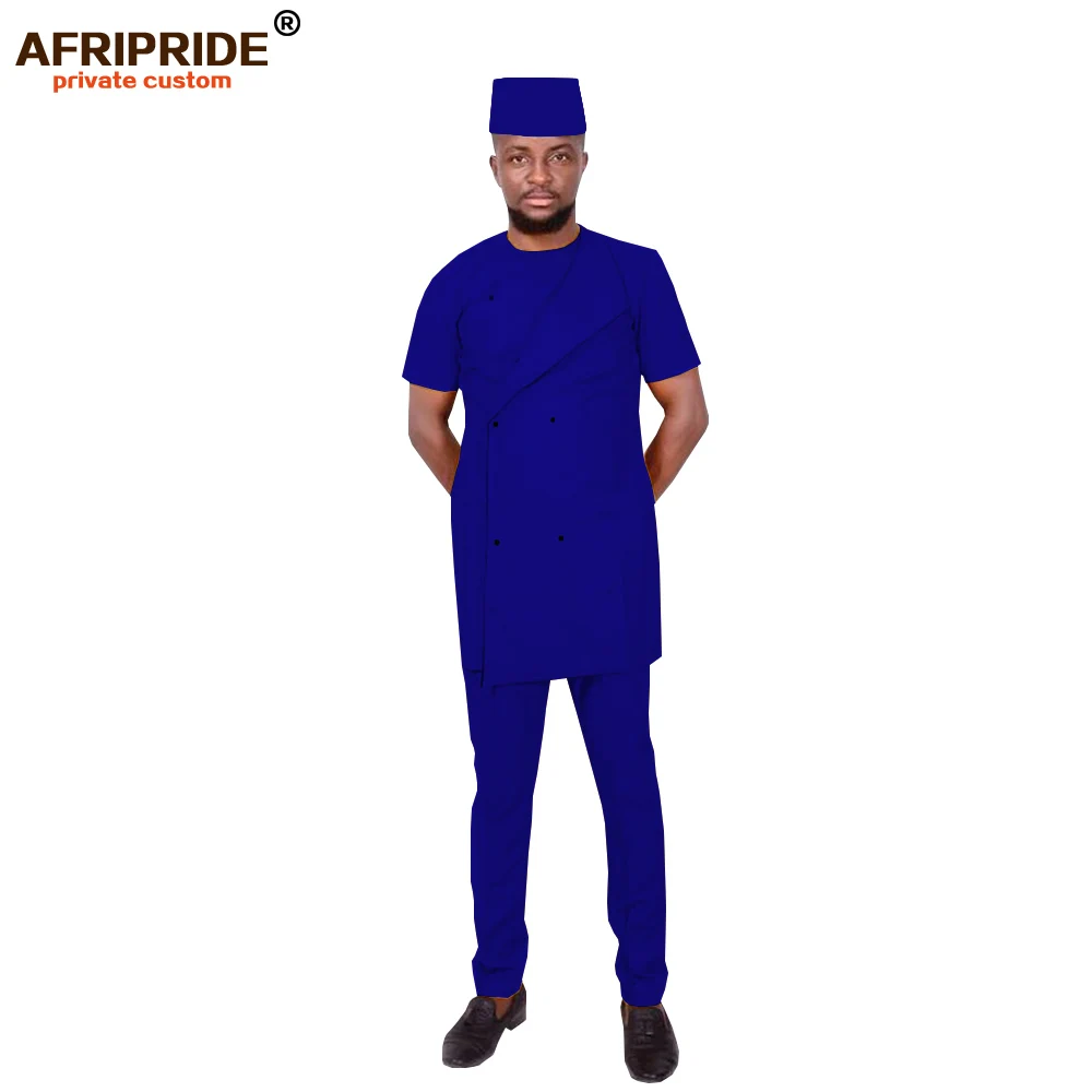 2022 African Men Clothing Traditional Set Dashiki Outfit Short Sleeve Coat Pants Tribal Hat Tracksuit Wax AFRIPRIDE A1916023