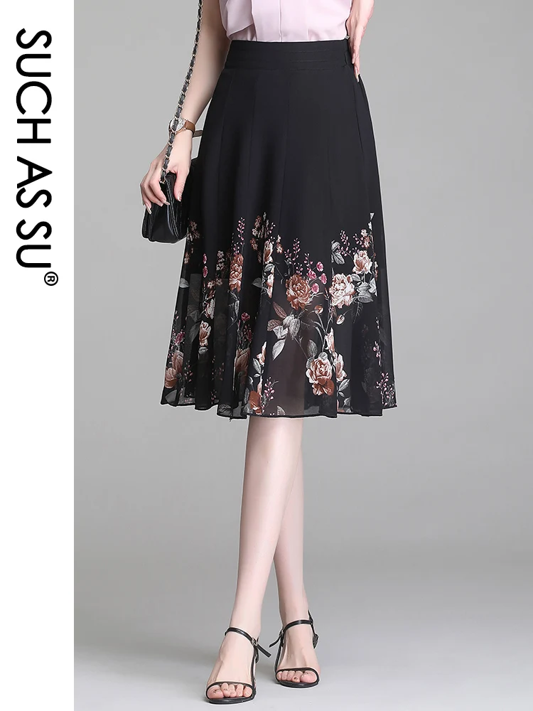 High Quality Women'S Summer Black Orange Red Print High Waist Pleated Ladies Skirt S-3XL Size Female Mid Long Chiffon Skirt 561