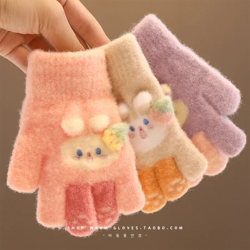Boys Girls Winter Knitting Bowknot Bear Plush Soft Five Finger Gloves Children Outdoor Warm Gloves Kids Colors