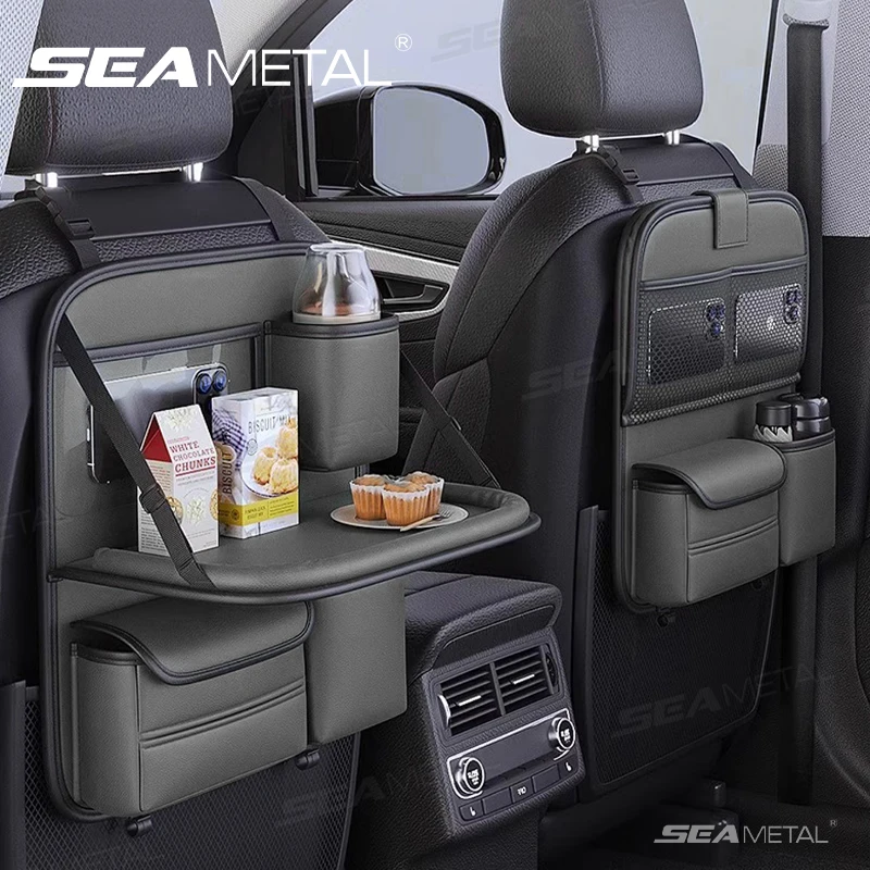 Black PU Car Seat Back Storage Bag with Foldable Tray