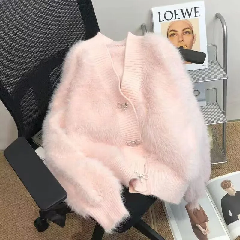Women's Imitation Mink Sweater Outcoat, Female, Loose, Thicken, Warm, Short, Outwear, V-Neck, Casual, Knitwear, New, 2024