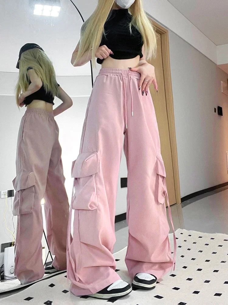 

Pink Streetwear Cargo Pants Women Loose Harajuku Y2K Straight Trousers American Retro Hip Hop Casual Bf Wide Leg Pants New