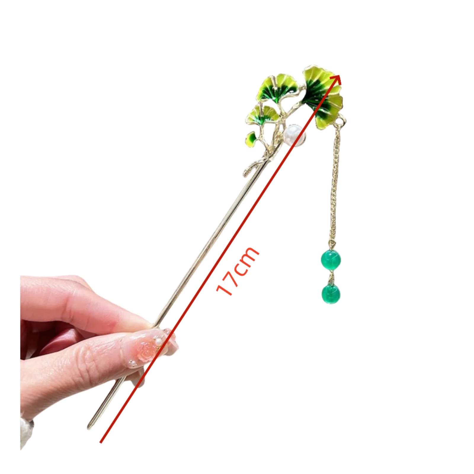 1PC Chinese - Style Ginkgo Leaf Hairpin, Handmade Hair Accessory with Pearl & Green Bead Tassel, Ideal for Traditional Updos