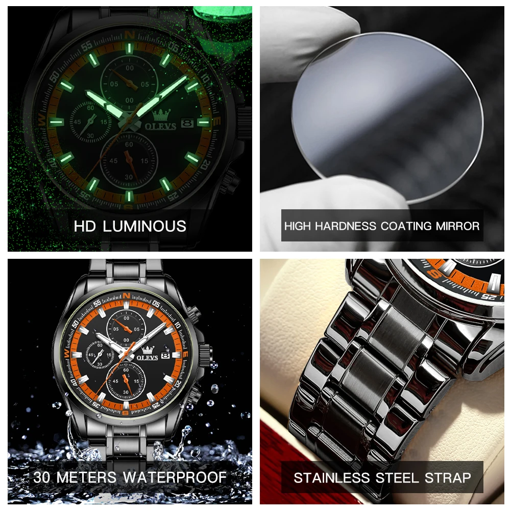 OLEVS TY713 Fashion Calendar Quartz Watch For Men Original Chronograph Luxury Wristwatch Stainless Steel Waterproof Man Watches