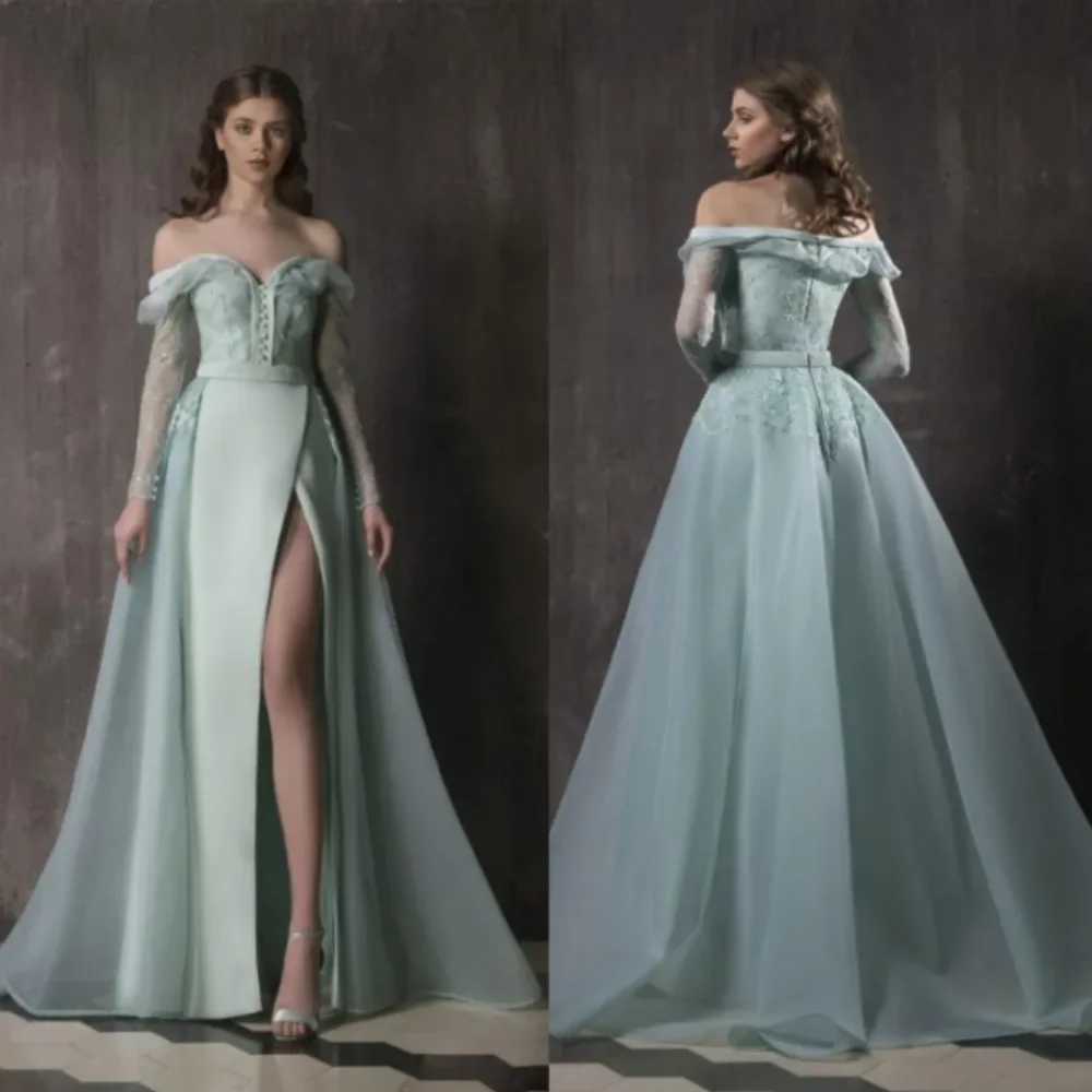 

Sage Long Sleeves Lace Prom Dresses Off The Shoulder Overskirt Side Split Formal Dress A Line Floor Length Organza Evening Gowns