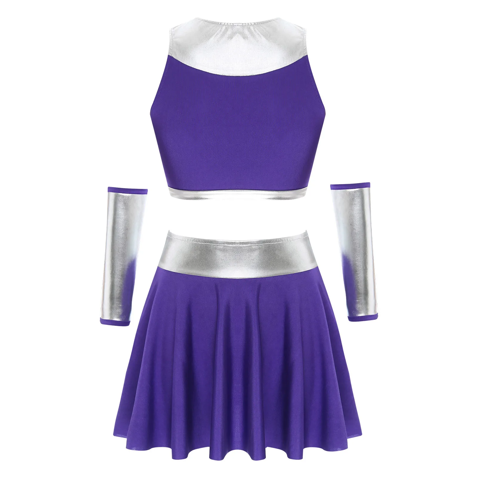 Women Cheerleading Costume Womens Halloween Metallic Patchwork Suit Cheerleading Outfits Sleeveless Crop Top Gloves And Mini Swing Skirt Cosplay Costumes
