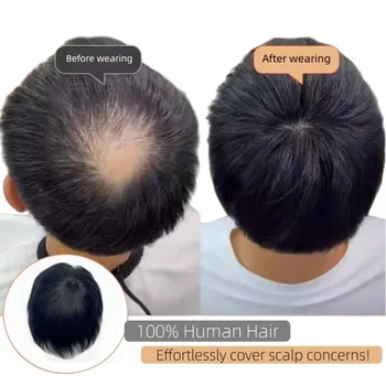 Parrucchino Nero Naturale da Uomo, Parrucca Corta in Capelli Umani, Topper per Uomini, Extension con Clip per Calvizie e Perdita di Capelli