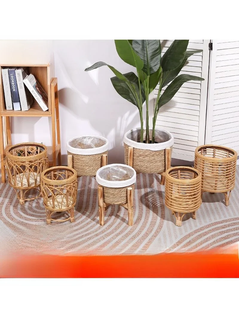 바닥에 놓는 직조 화분, 발코니 꽃바구니, 바구니형 화분 스탠드, 덩굴식물 직조..