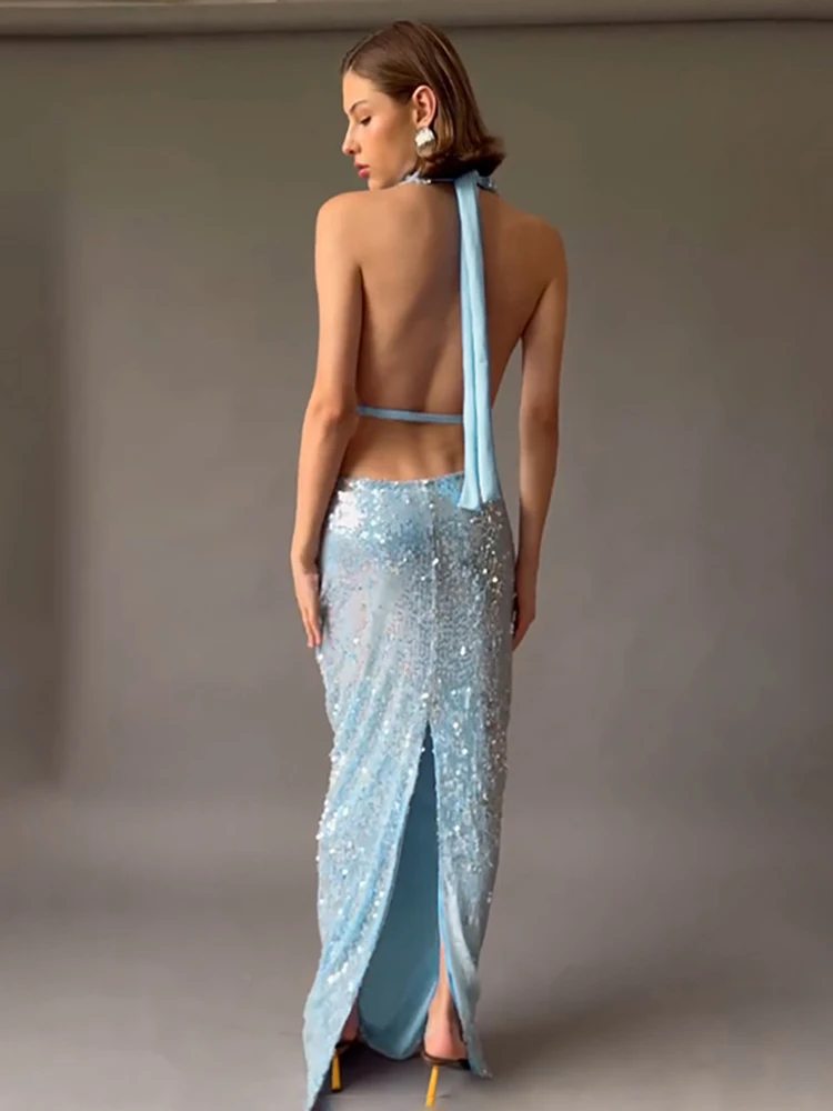 Nibber Swing Collar Sequins Patchwork Long Dresses Woman Bandage Halter Backless Gown Robe Midnight Prom Party Elegant Vestidos
