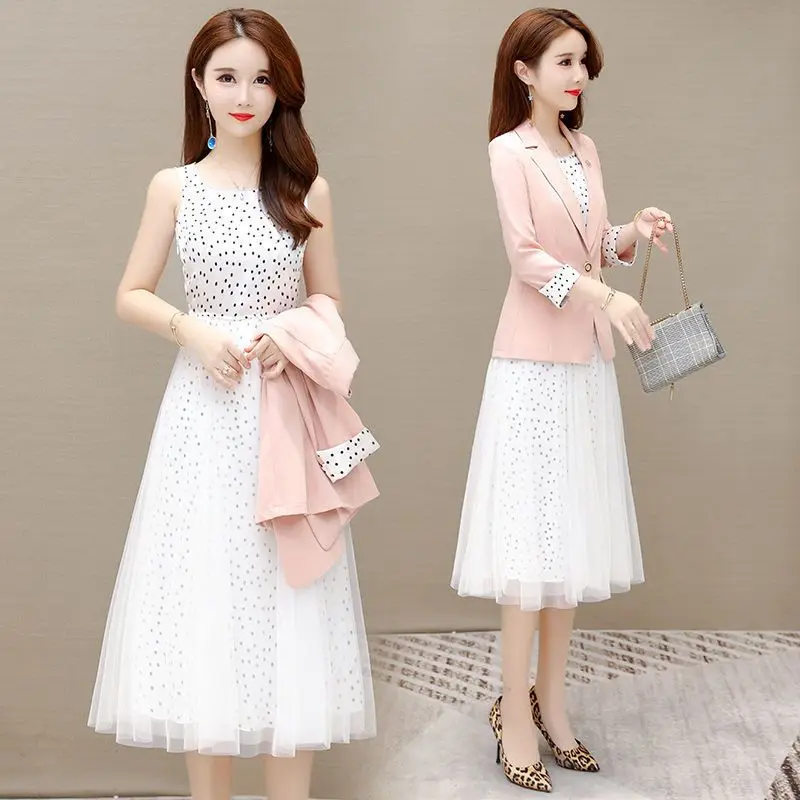 2023 Women Spring Autumn Elegant Blazer Dress Suits Female 2 Piece Set Casual Suit Jacket + Polka Dot Dress Ladies Outfits G364