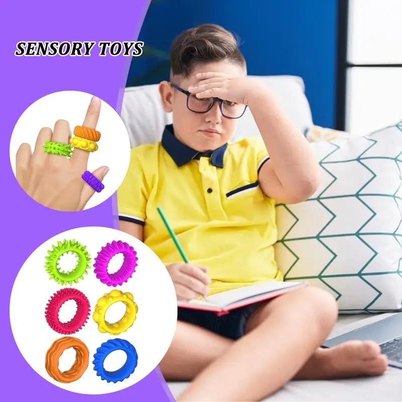 6pcs Sensory Rings Spiky Sensory Finger Rings Set for Kids Adult Silent Stress Reducer Fidgets Ring Antistress Fidget Toys Gifts 3