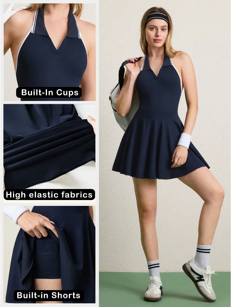 Hanging Neck Contrast Lapel Sports One Piece Workout Tennis Dress Yoga Tank Top Pad Polo Collar Tennis Skirts Sports Gym Suit