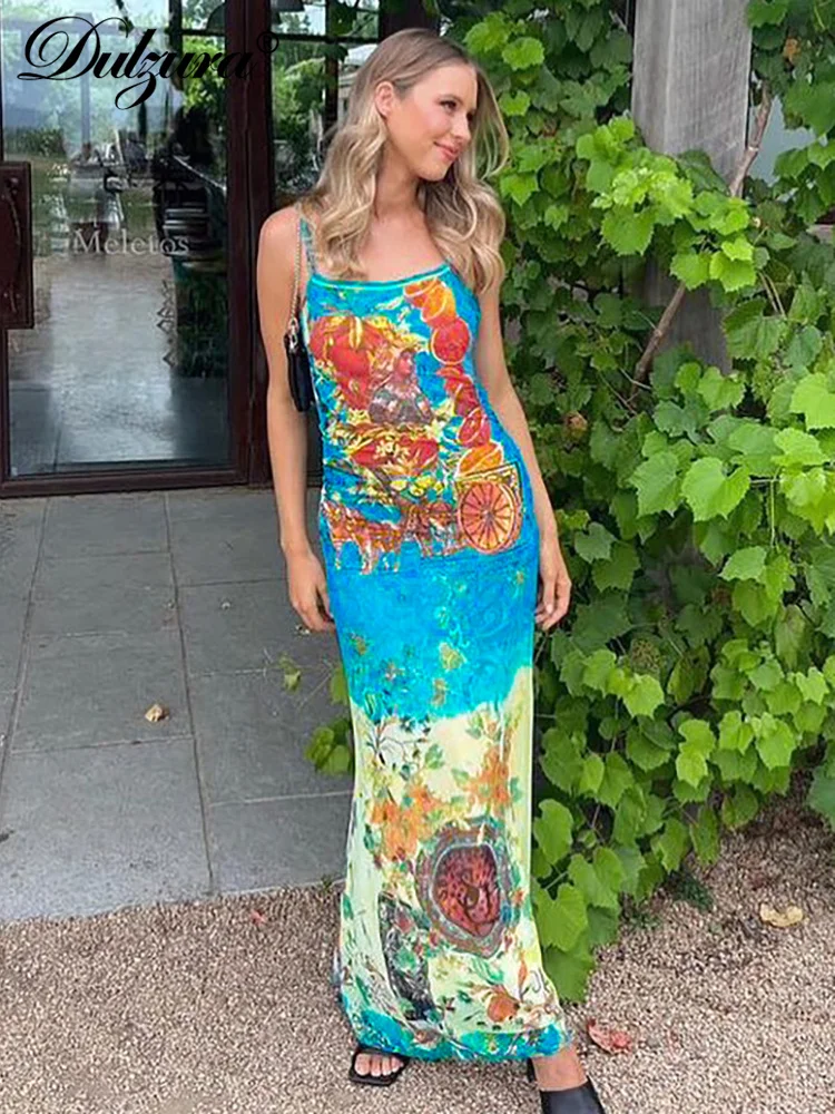 Dulzura 2023 Sommer Frauen Maxi Print Kleid sexy Spaghetti träger Streetwear Festival Kleidung Party Fitness für Frauen Grafik