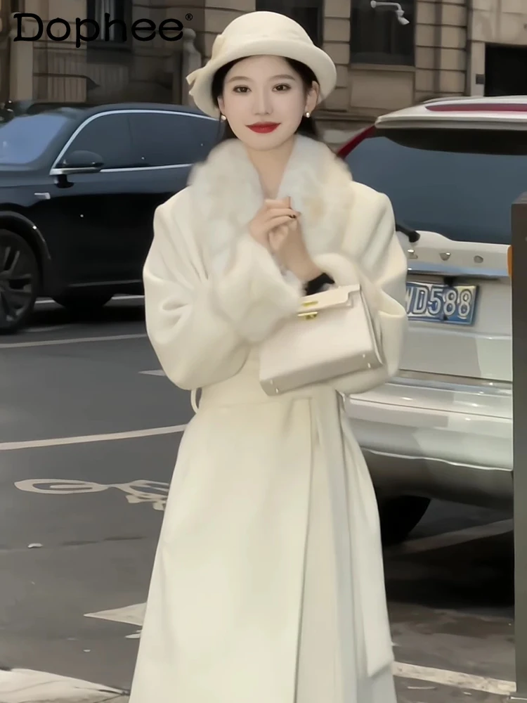 

Korean Style White Woolen Coat Women Fall Winter High-Grade Faux Fur Stitching Fur Collar Long Sleeve Tied Waist-Tight Long Coat