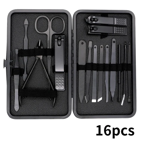 Set Nail Clippers Tools Household 18Pcs Black Stainless Steel Ear Spoon Nail Cutters Scissors Kit For Manicure Tools