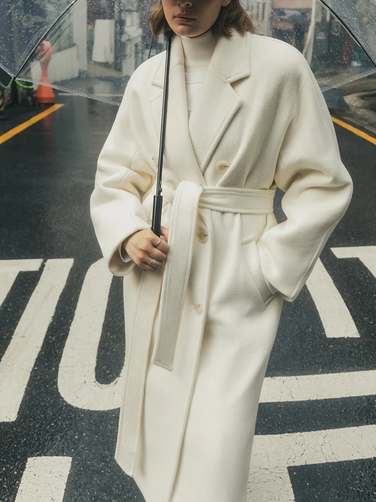 

Winter Women Vintage Long Woolen Coat With Belt Solid Casual Double Breasted Chic Outerwear Ladies Overcoat Female Jackets New