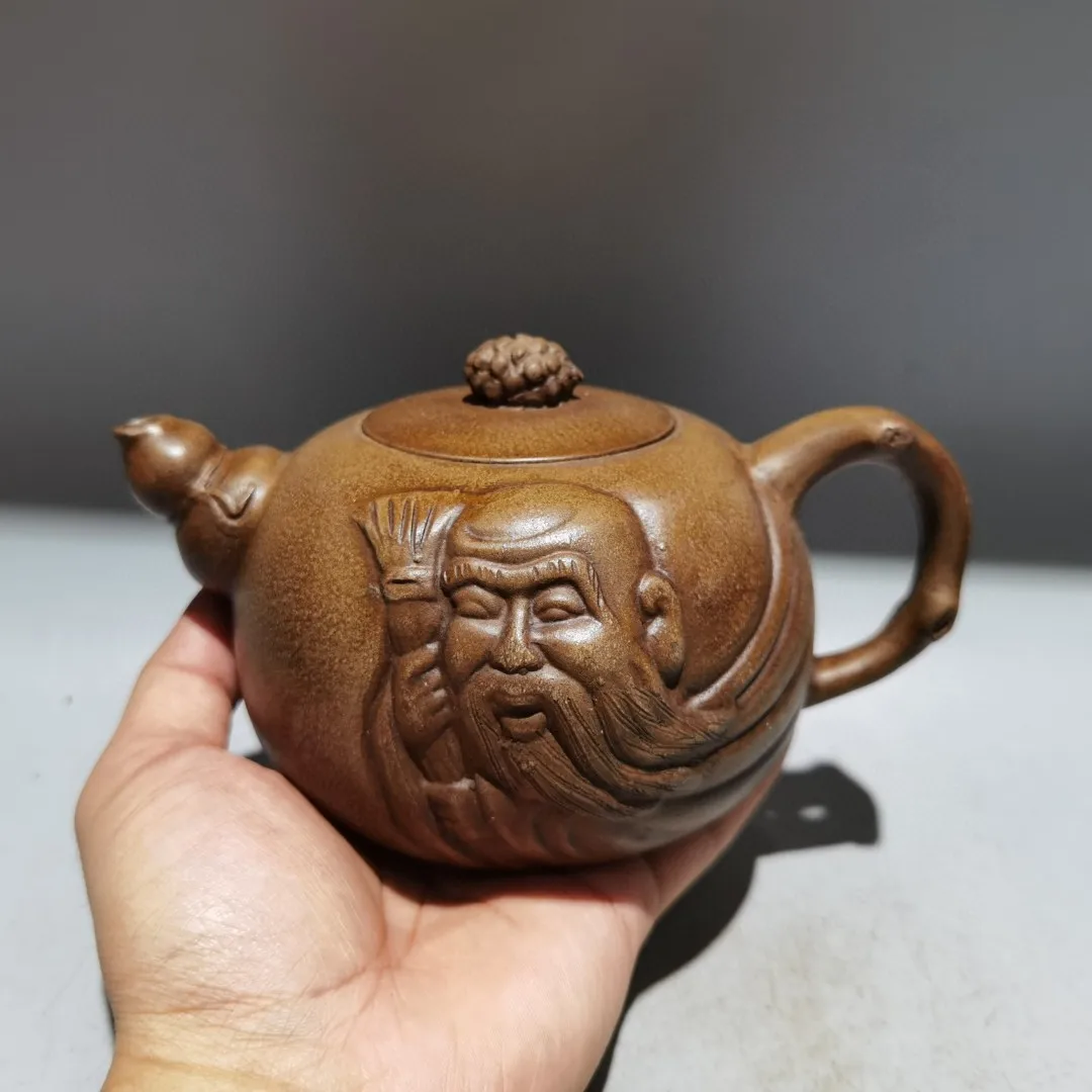 

7"Chinese Yixing Purple Clay Teapot Longevity Star Head Kettle Teapot Flagon Gather fortune Ornaments Town house
