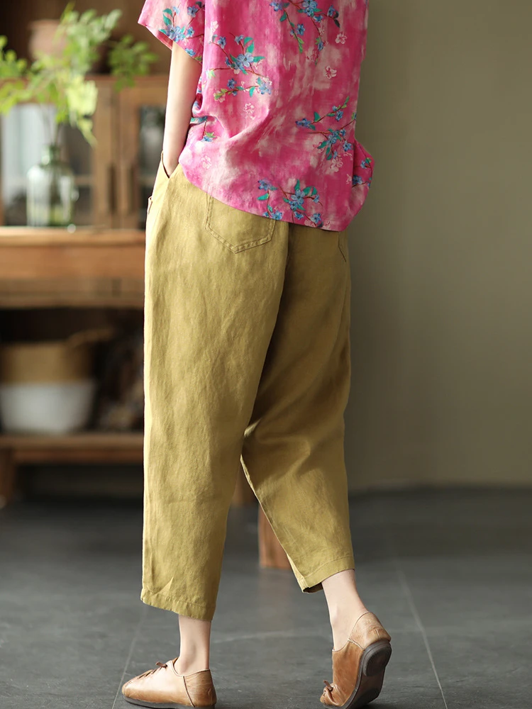 2022 Summer Cotton and Linen Thin Women&s Pants Elastic Waist Thin Stitching Harem Pants Solid Color Casual Nine-poi
