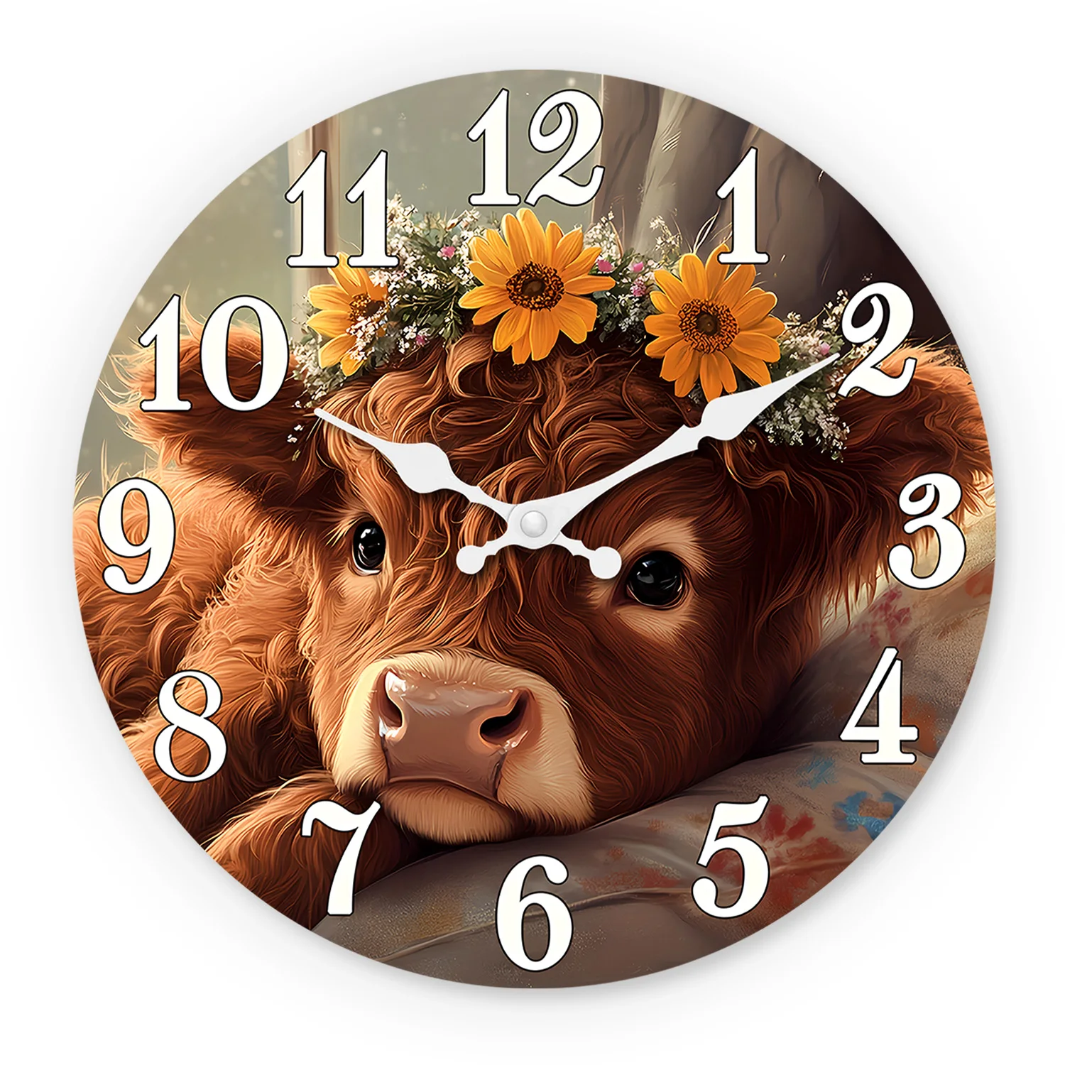 Highland Cow Sunflower Wooden Wall Clock – Silent Decor 1