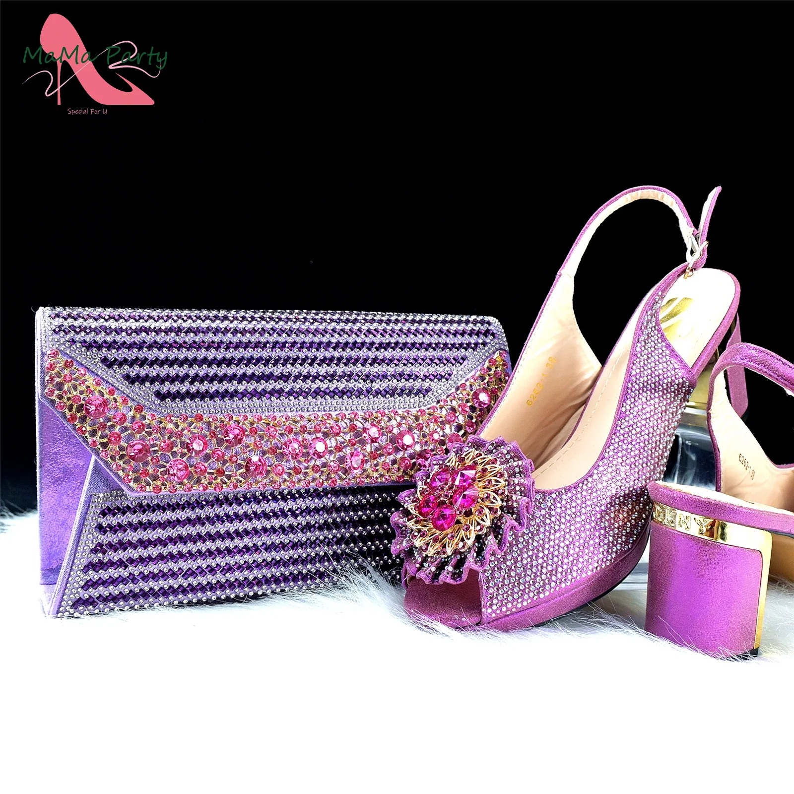 Purple Color New Design Nigerian Women Shoes and Hand Bag Set with Shinning Crystal High Quality Comfortable Heels for Dress