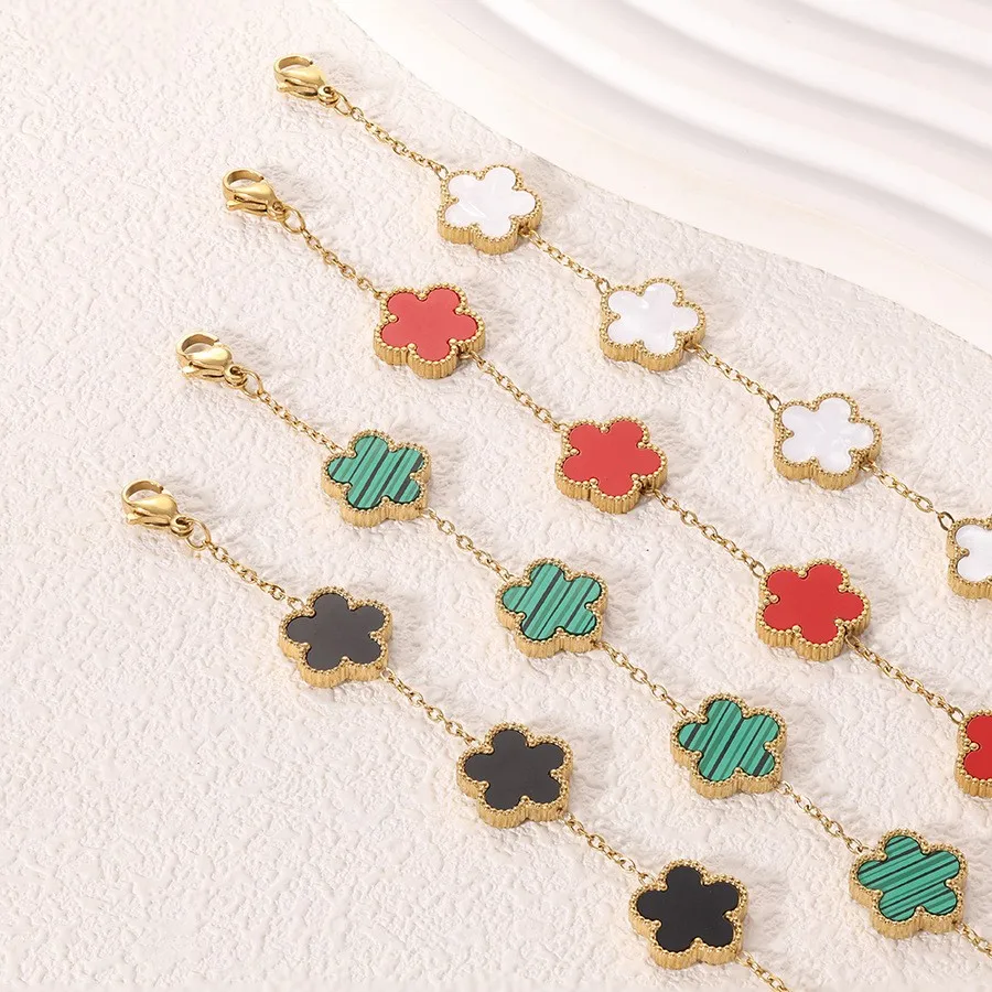 Stainless Steel Bracelet 1 piece stainless steel zircon mother of pearl five leaf flower bracelet women simple fashionable gift