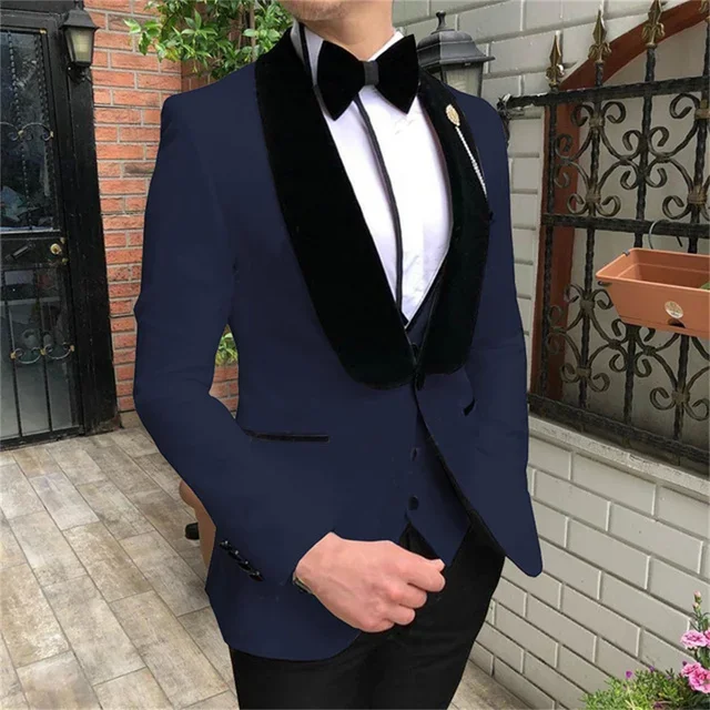 Men Suit 3 Pieces With Black Shawl Lapel Slim Business Casual For Wedding Groom Banquet Work Tuxedos Set Jacket Vest With Pants