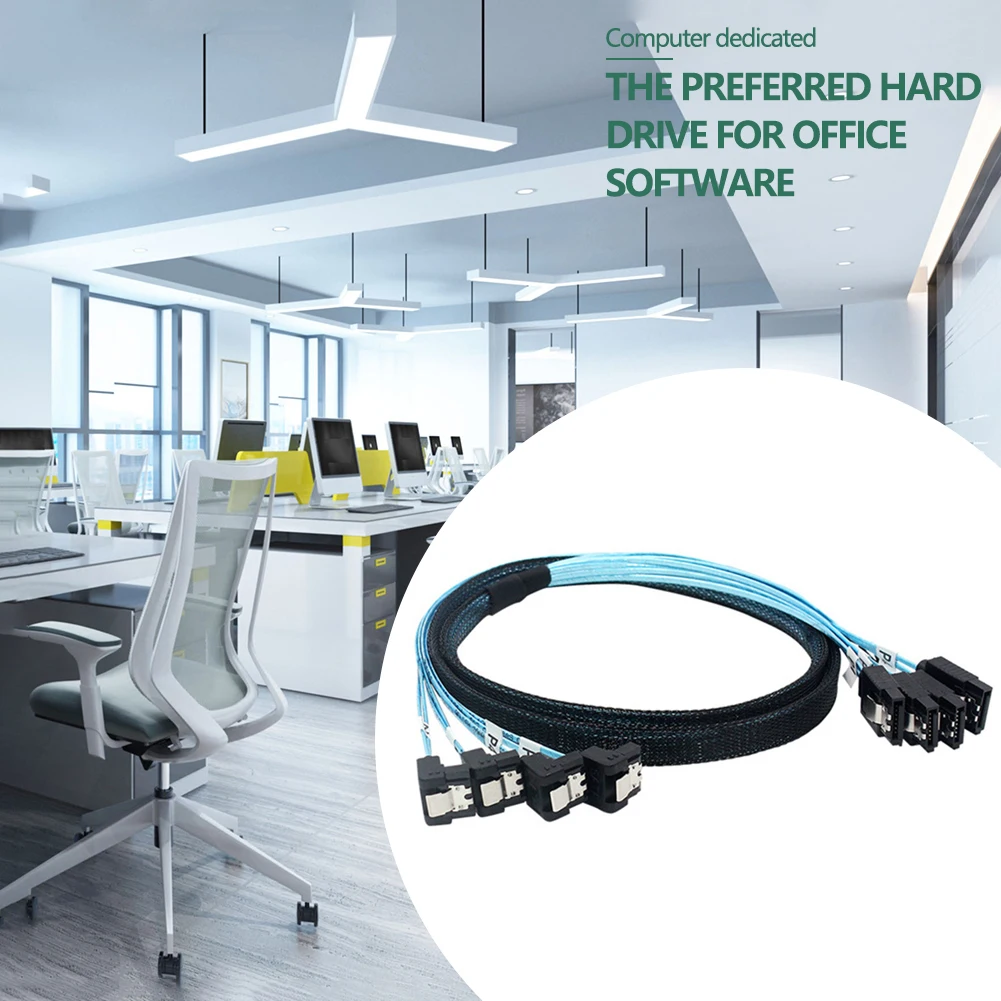 90° SATA 3.0 Mini SAS Cable - 6Gbps, 4 SATA to 4 SATA Male to Male, 7 Pin SSD Hard Disk Drive Data Cable Description Image.