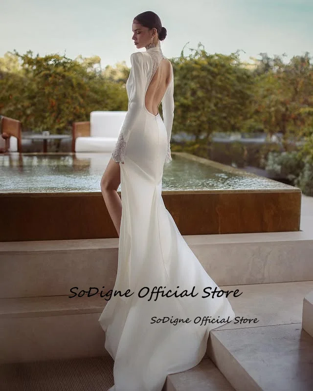 SoDigne Mermaid Wedding Dresses High Neck Full Sleeves Satin/Lace Bridal Dress Long Wedding Gown Robe De Mairee Customized 14 S802a8f4f97dc4b35b9e393172b8d7809f