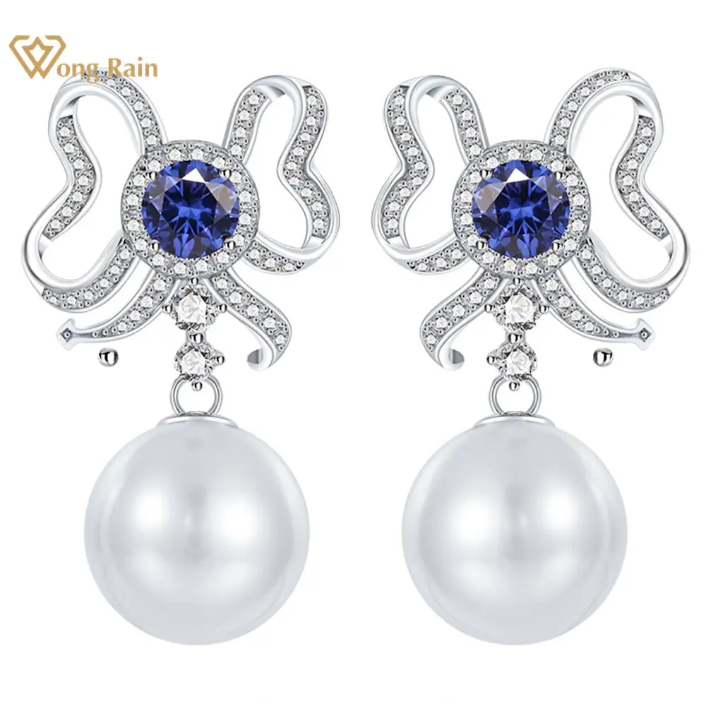 

Wong Rain 100% 925 Sterling Silver 13MM Lab Pearl Ruby Sapphire Gemstone Bowknot Drop Dangle Earrings Fine Jewelry Free Shipping