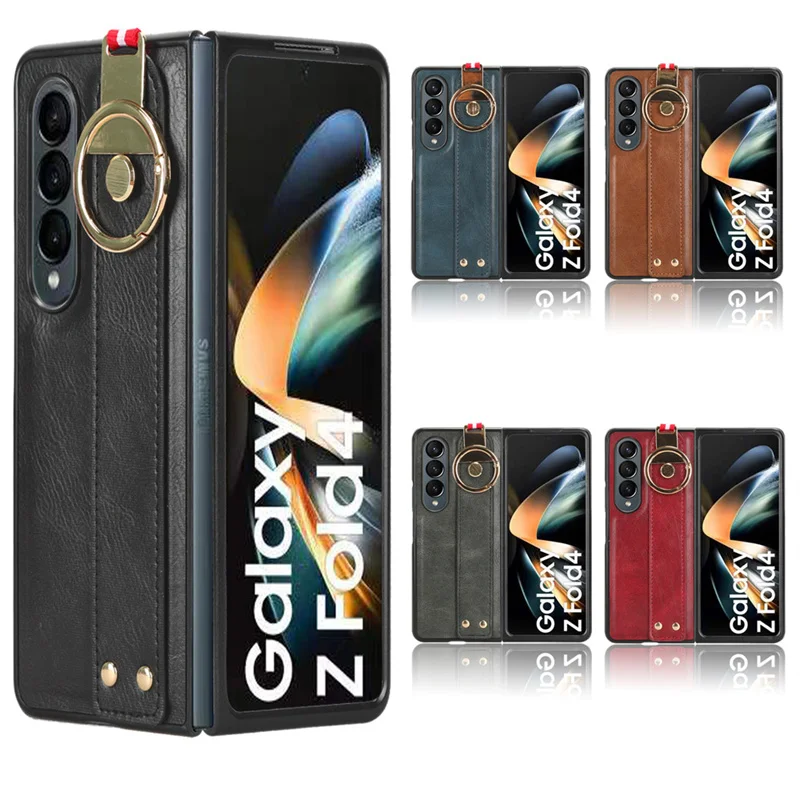 Per Samsung Z Fold 4 Case Luxury Leather Cover Wristband Hand Strap Kickstand Anello In Metallo Per Galaxy Z Fold 3 Z Fold 2 Custodia Per Telefono