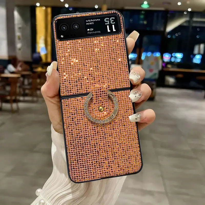 Luxury Bling Lattice Pattern Rhinestone Ring Grip Phone Case - Fashion Glitter Shell